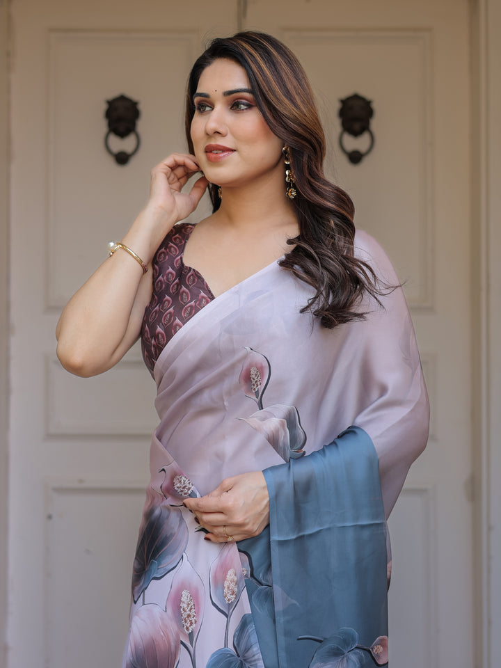 Pastel Grey & Teal Floral Printed Satin Georgette Saree with Designer Pallu & Blouse – Elegant Party & Occasion Wear