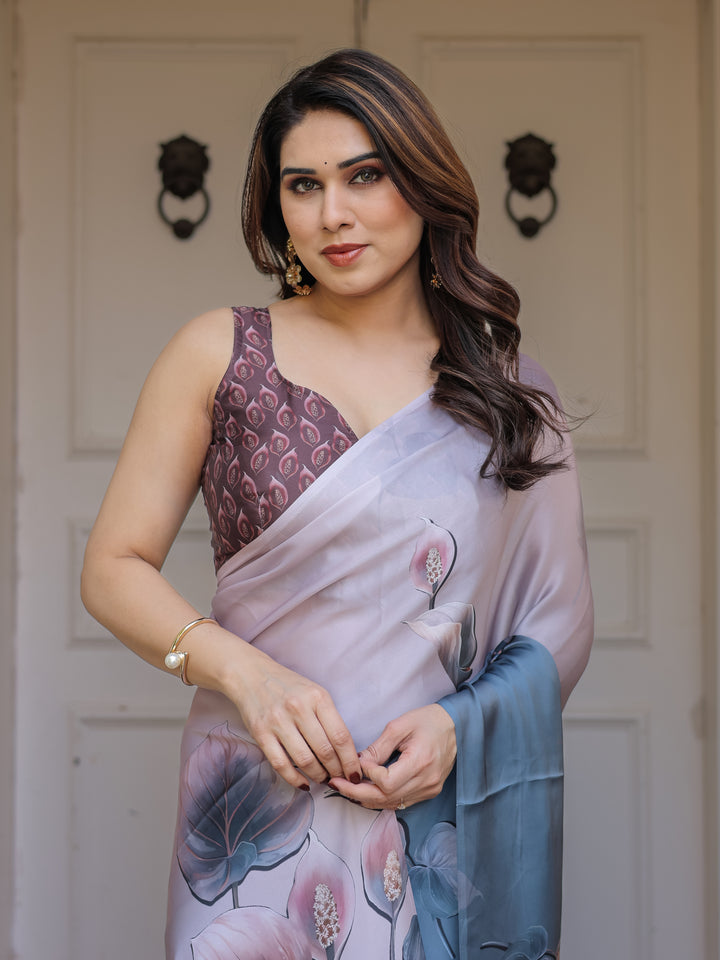 Pastel Grey & Teal Floral Printed Satin Georgette Saree with Designer Pallu & Blouse – Elegant Party & Occasion Wear