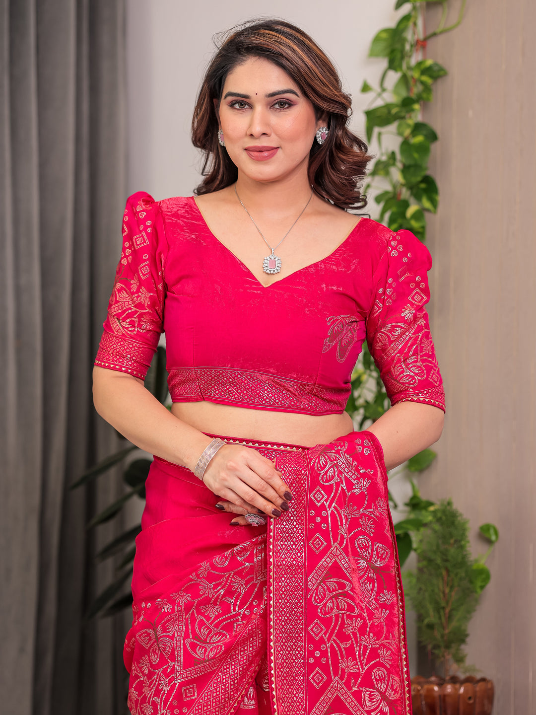 Rani Pink Fendi Satin Block & Foil Print Saree with Attached Blouse & Tassel Detailing