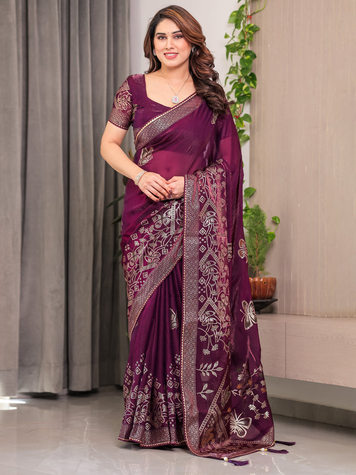 Wine Purple Fendi Satin Block & Foil Print Saree with Attached Blouse & Tassel Detailing