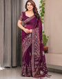 Wine Purple Fendi Satin Block & Foil Print Saree with Attached Blouse & Tassel Detailing