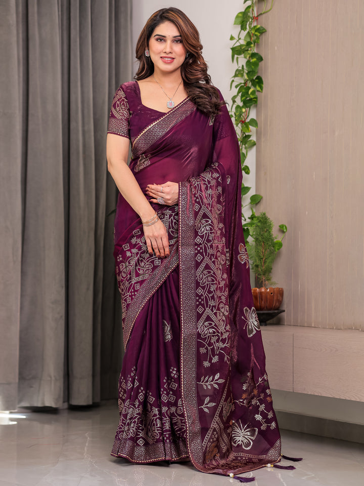 Wine Purple Fendi Satin Block & Foil Print Saree with Attached Blouse & Tassel Detailing