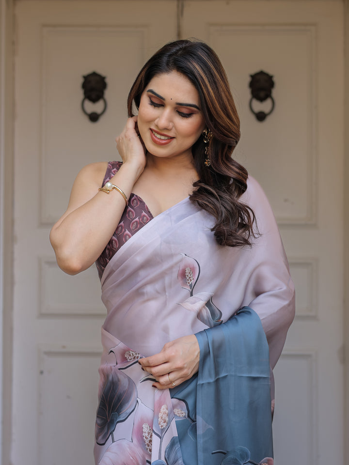 Pastel Grey & Teal Floral Printed Satin Georgette Saree with Designer Pallu & Blouse – Elegant Party & Occasion Wear