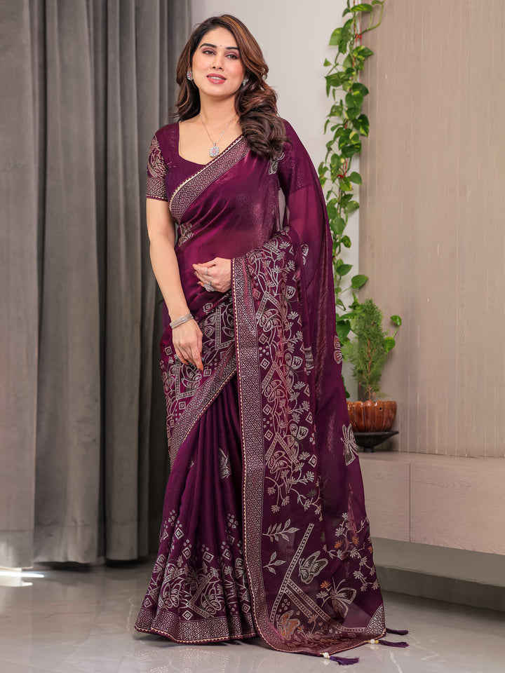 Wine Purple Fendi Satin Block & Foil Print Saree with Attached Blouse & Tassel Detailing