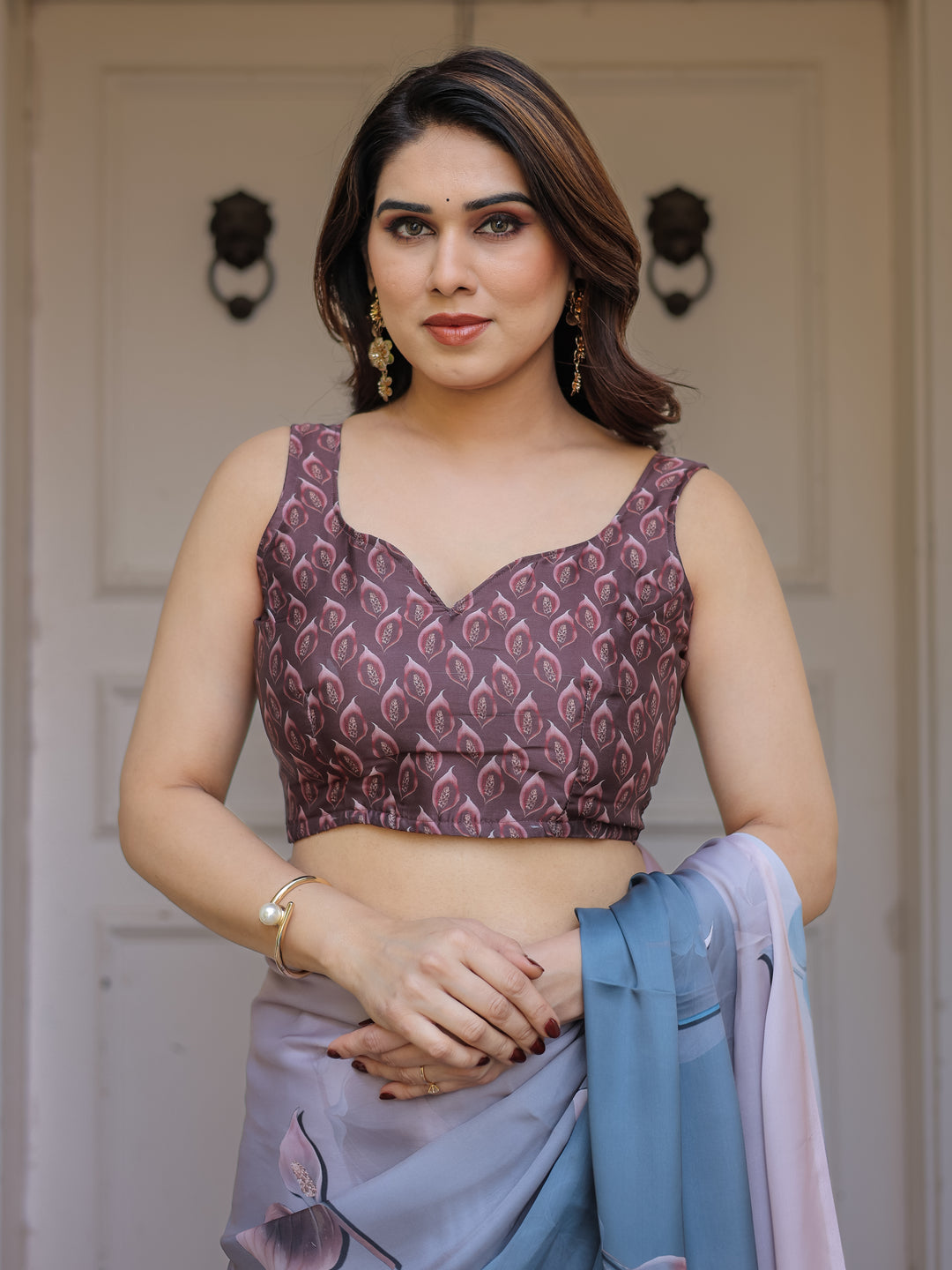 Pastel Grey & Teal Floral Printed Satin Georgette Saree with Designer Pallu & Blouse – Elegant Party & Occasion Wear