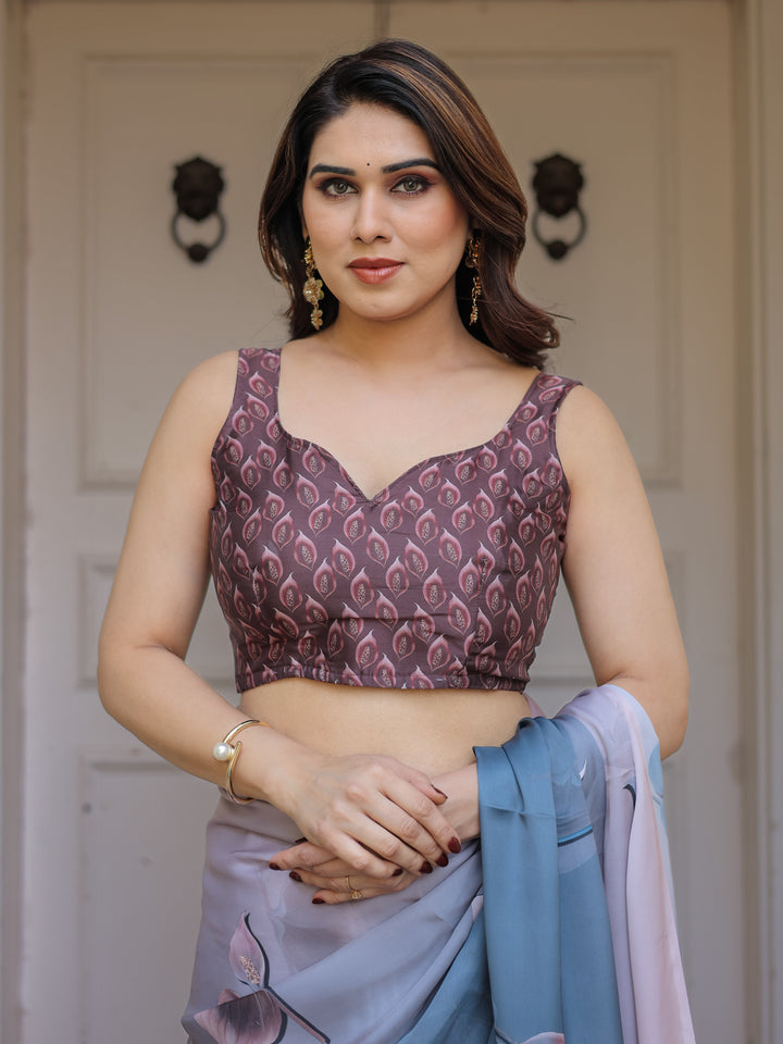 Pastel Grey & Teal Floral Printed Satin Georgette Saree with Designer Pallu & Blouse – Elegant Party & Occasion Wear