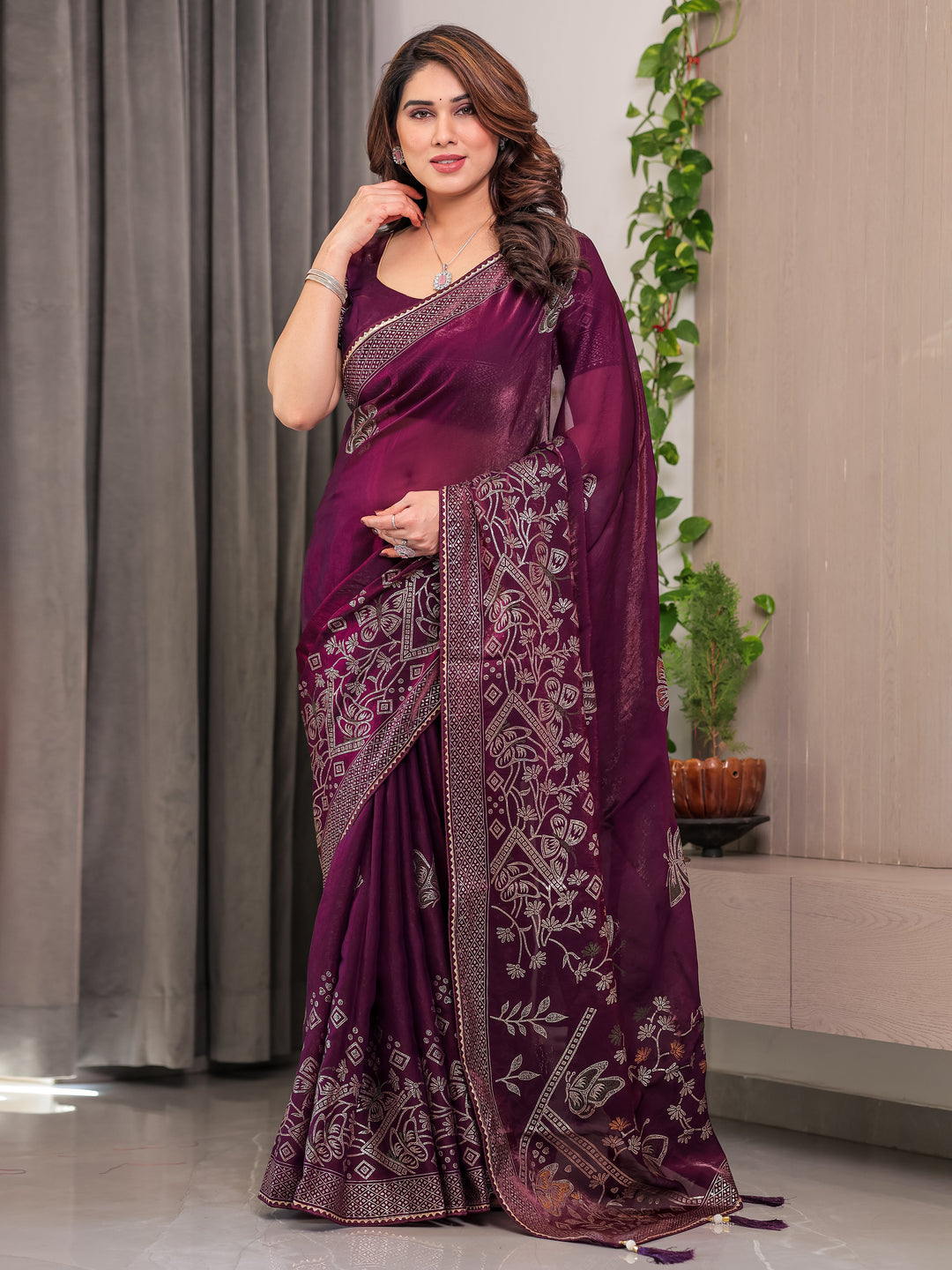 Wine Purple Fendi Satin Block & Foil Print Saree with Attached Blouse & Tassel Detailing