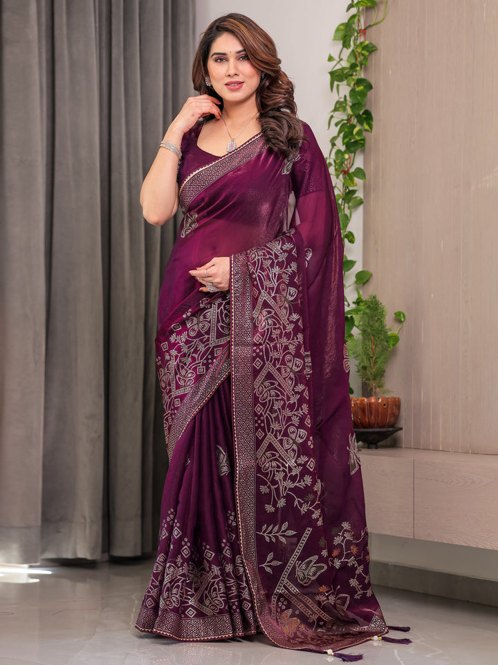 Wine Purple Fendi Satin Block & Foil Print Saree with Attached Blouse & Tassel Detailing