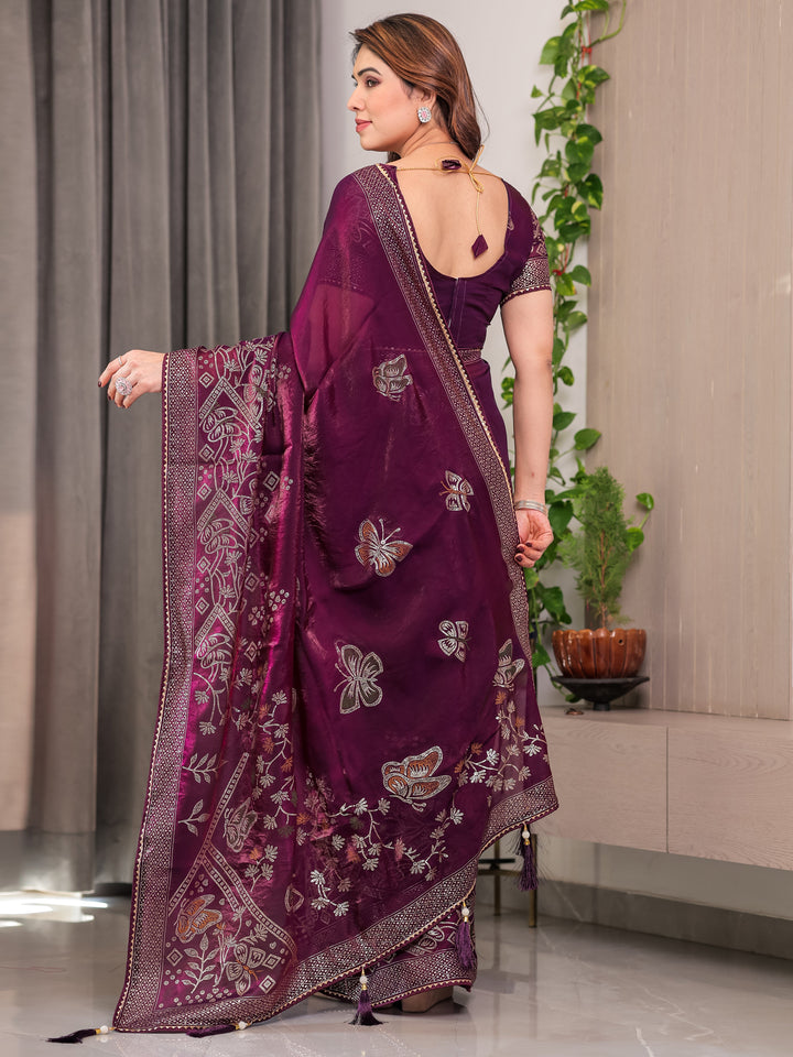 Wine Purple Fendi Satin Block & Foil Print Saree with Attached Blouse & Tassel Detailing