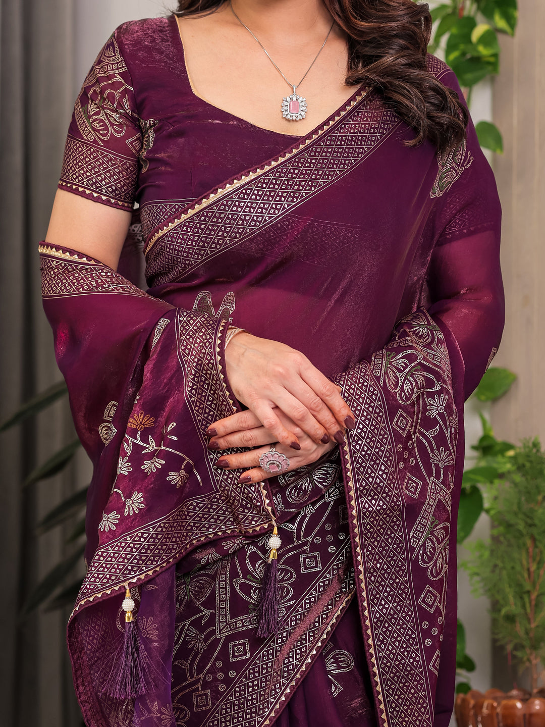 Wine Purple Fendi Satin Block & Foil Print Saree with Attached Blouse & Tassel Detailing