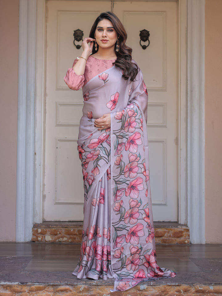 Dusty Lavender Satin Georgette Floral Printed Saree with Rose Pink Blouse & Artistic Floral Pallu | Soft Elegant Party Wear Saree