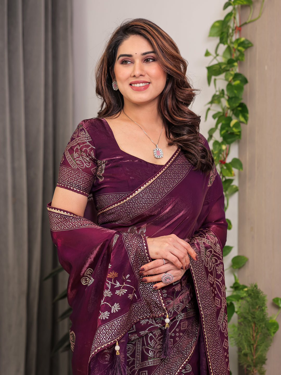 Wine Purple Fendi Satin Block & Foil Print Saree with Attached Blouse & Tassel Detailing