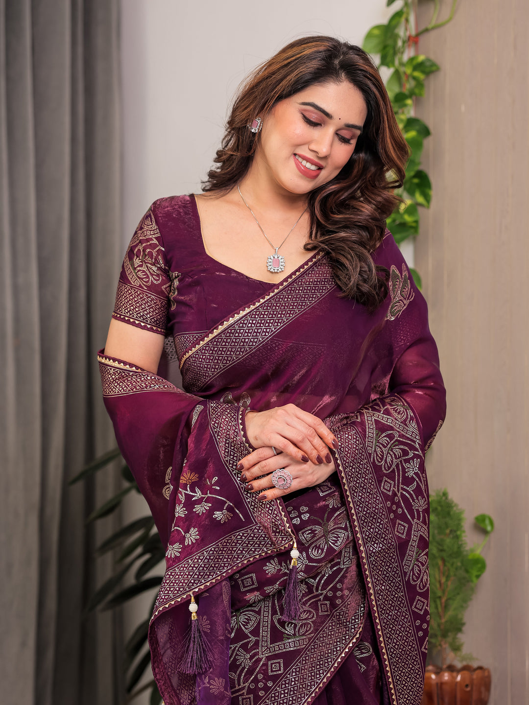Wine Purple Fendi Satin Block & Foil Print Saree with Attached Blouse & Tassel Detailing