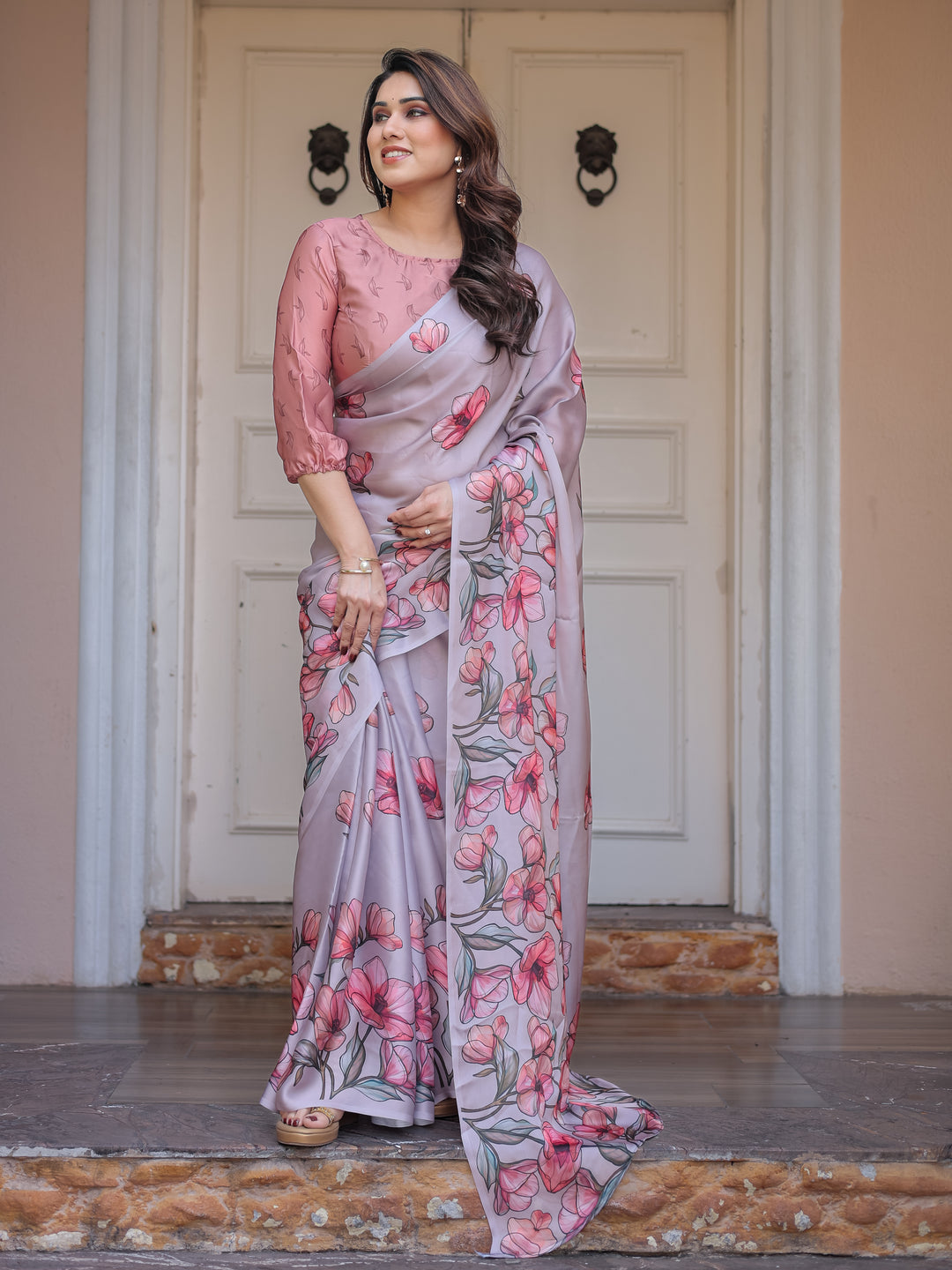 Dusty Lavender Satin Georgette Floral Printed Saree with Rose Pink Blouse & Artistic Floral Pallu | Soft Elegant Party Wear Saree