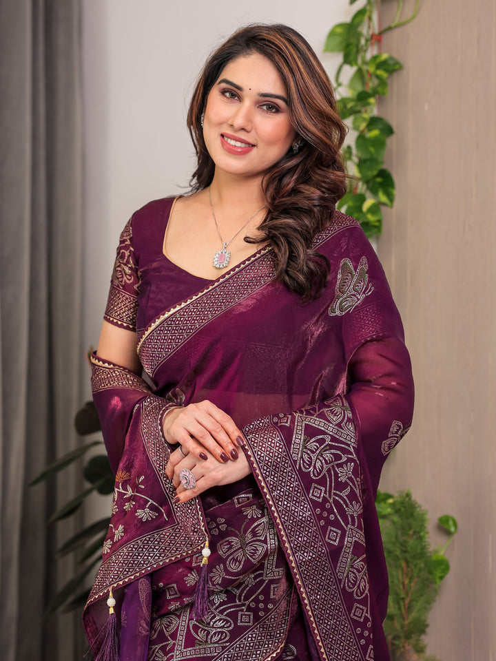Wine Purple Fendi Satin Block & Foil Print Saree with Attached Blouse & Tassel Detailing