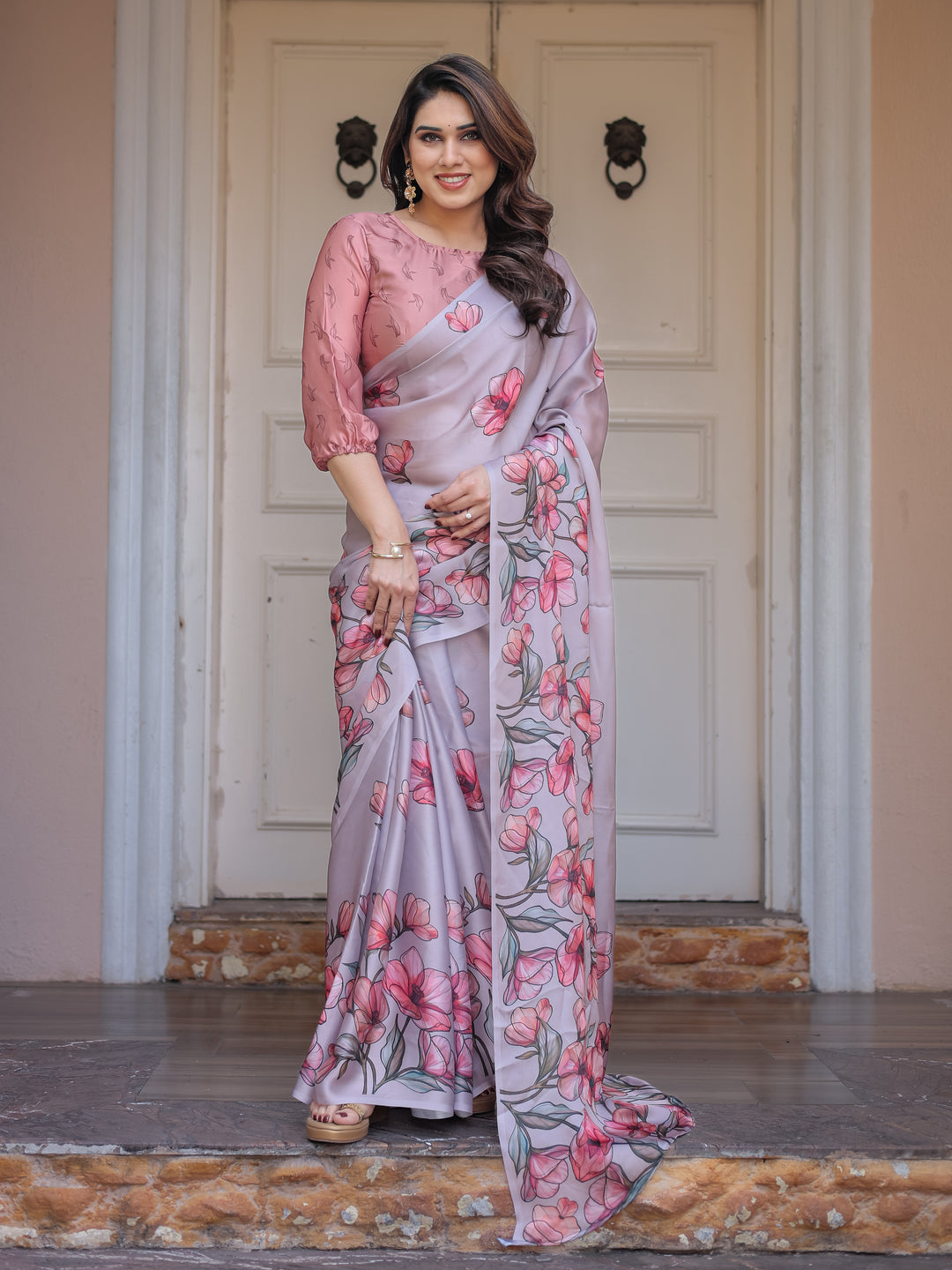Dusty Lavender Satin Georgette Floral Printed Saree with Rose Pink Blouse & Artistic Floral Pallu | Soft Elegant Party Wear Saree
