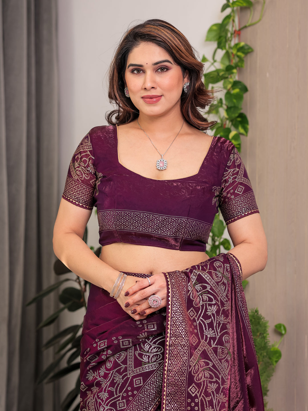 Wine Purple Fendi Satin Block & Foil Print Saree with Attached Blouse & Tassel Detailing