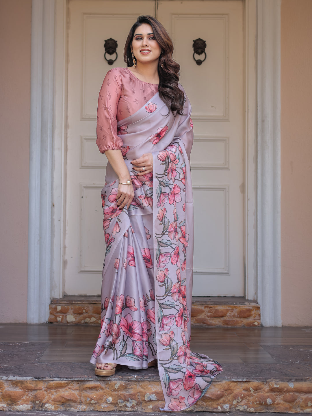 Dusty Lavender Satin Georgette Floral Printed Saree with Rose Pink Blouse & Artistic Floral Pallu | Soft Elegant Party Wear Saree
