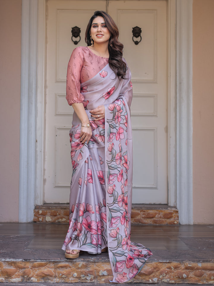 Dusty Lavender Satin Georgette Floral Printed Saree with Rose Pink Blouse & Artistic Floral Pallu | Soft Elegant Party Wear Saree