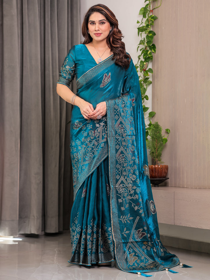 Teal Blue Fendi Satin Block & Foil Print Saree with Attached Blouse & Tassel Detailing