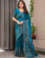 Teal Blue Fendi Satin Block & Foil Print Saree with Attached Blouse & Tassel Detailing