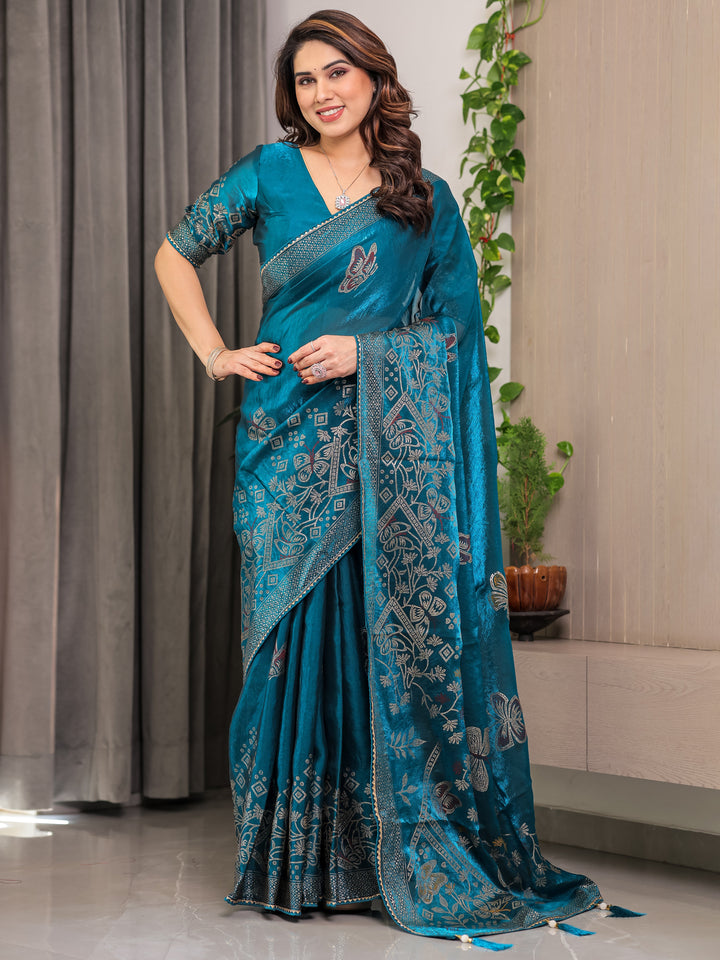Teal Blue Fendi Satin Block & Foil Print Saree with Attached Blouse & Tassel Detailing