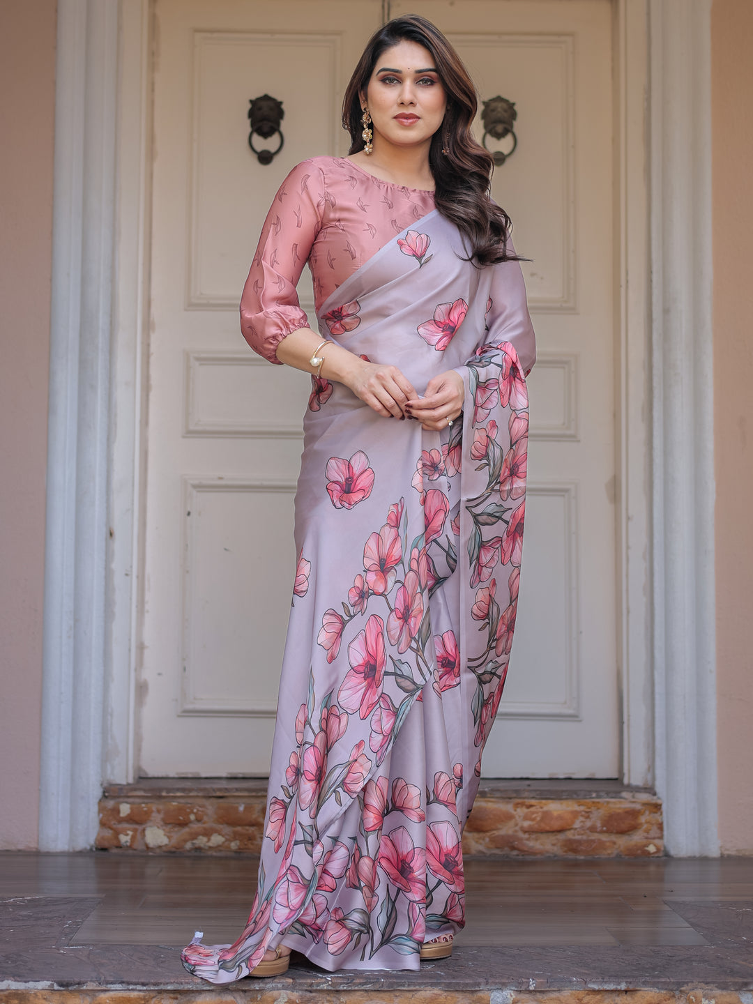 Dusty Lavender Satin Georgette Floral Printed Saree with Rose Pink Blouse & Artistic Floral Pallu | Soft Elegant Party Wear Saree