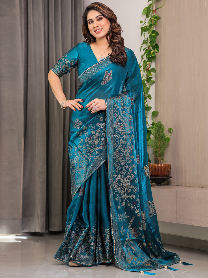 Teal Blue Fendi Satin Block & Foil Print Saree with Attached Blouse & Tassel Detailing