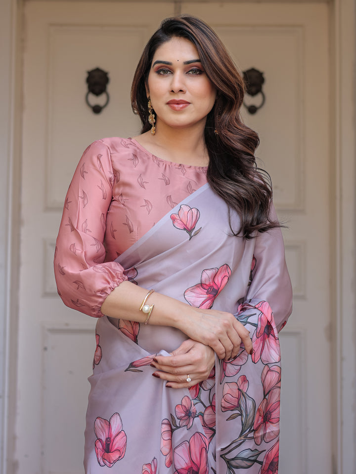 Dusty Lavender Satin Georgette Floral Printed Saree with Rose Pink Blouse & Artistic Floral Pallu | Soft Elegant Party Wear Saree