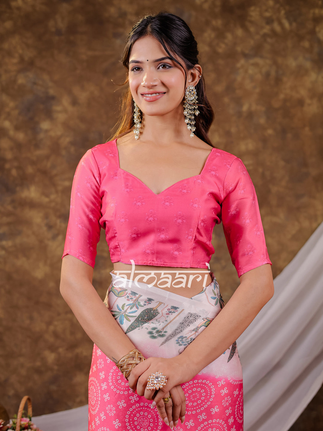 Vantara Hot Pink Satin Chiffon Printed Saree with Botanical Nature Print, Designer Tassel Pallu & Matching Blouse Piece