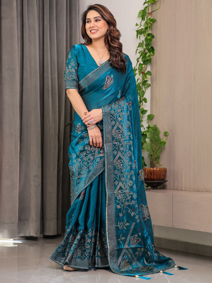 Teal Blue Fendi Satin Block & Foil Print Saree with Attached Blouse & Tassel Detailing