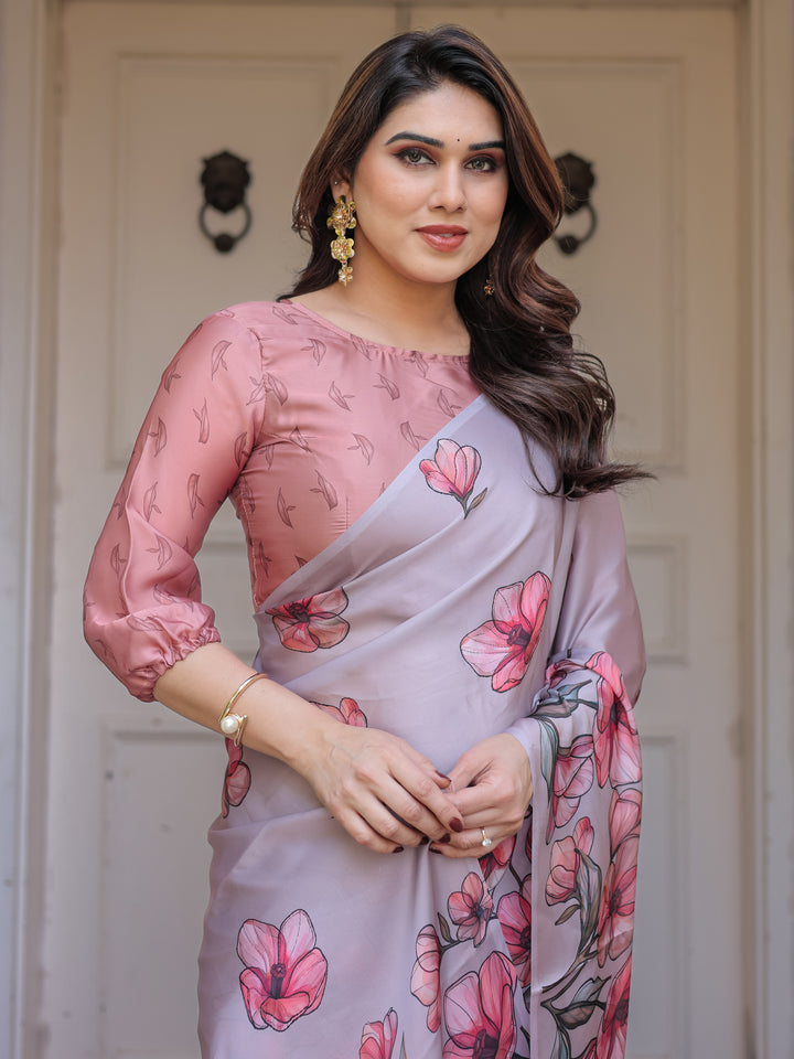 Dusty Lavender Satin Georgette Floral Printed Saree with Rose Pink Blouse & Artistic Floral Pallu | Soft Elegant Party Wear Saree