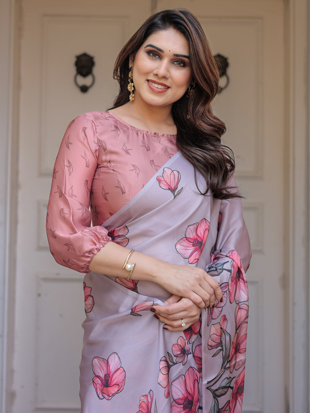 Dusty Lavender Satin Georgette Floral Printed Saree with Rose Pink Blouse & Artistic Floral Pallu | Soft Elegant Party Wear Saree