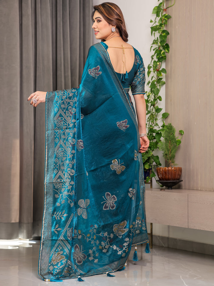 Teal Blue Fendi Satin Block & Foil Print Saree with Attached Blouse & Tassel Detailing