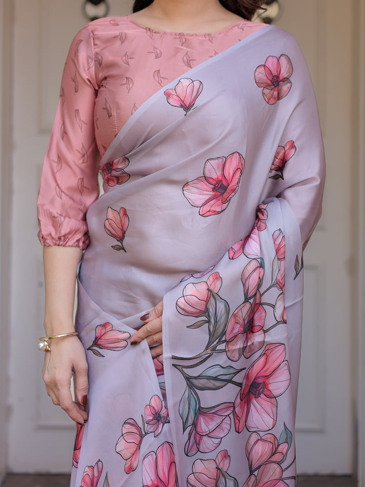 Dusty Lavender Satin Georgette Floral Printed Saree with Rose Pink Blouse & Artistic Floral Pallu | Soft Elegant Party Wear Saree