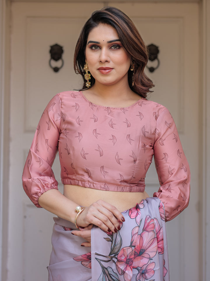 Dusty Lavender Satin Georgette Floral Printed Saree with Rose Pink Blouse & Artistic Floral Pallu | Soft Elegant Party Wear Saree