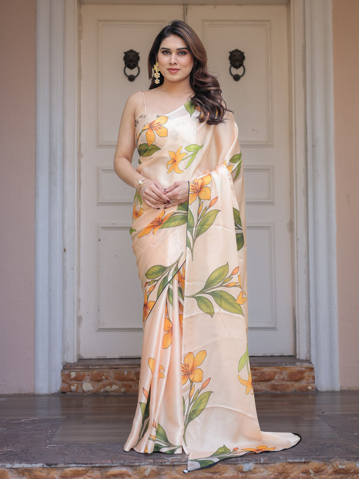 Champagne Peach Satin Georgette Floral Printed Saree with Matching Printed Blouse & Statement Botanical Pallu | Elegant Soft Party Wear Saree