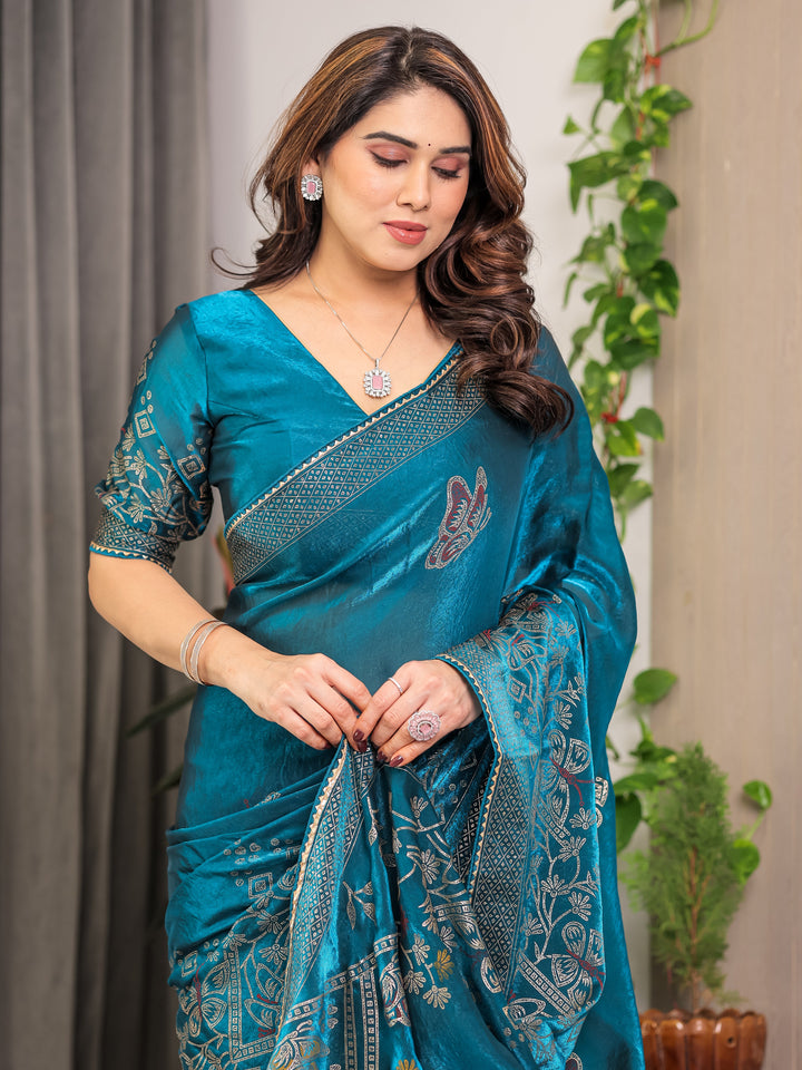 Teal Blue Fendi Satin Block & Foil Print Saree with Attached Blouse & Tassel Detailing