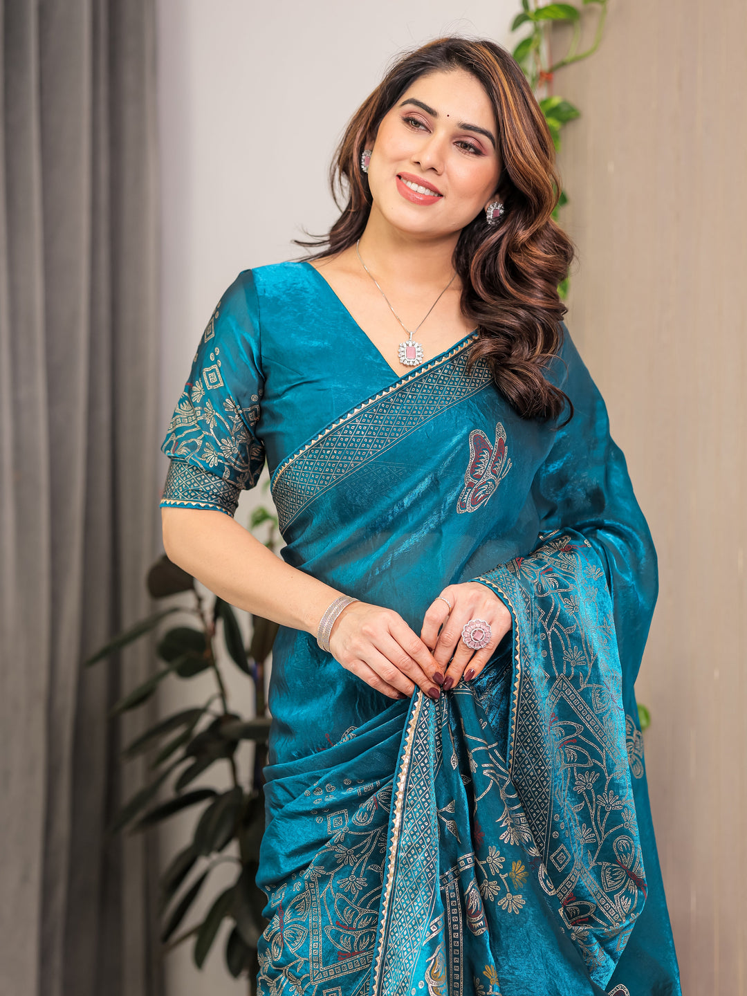 Teal Blue Fendi Satin Block & Foil Print Saree with Attached Blouse & Tassel Detailing