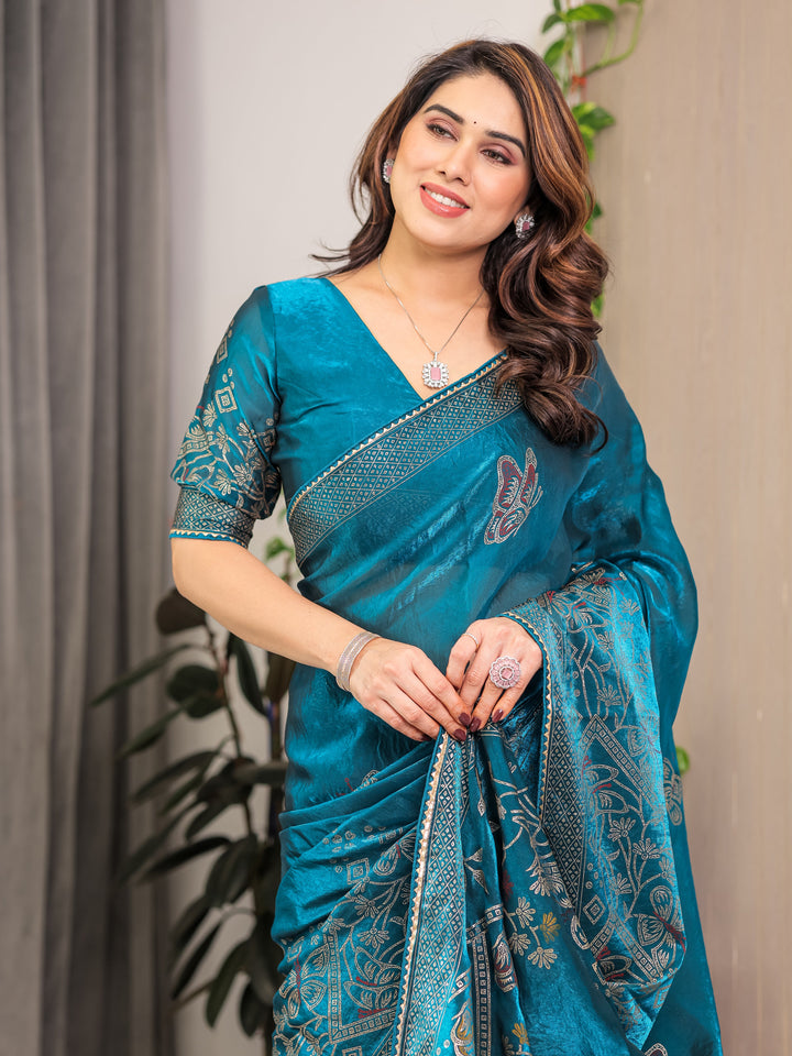 Teal Blue Fendi Satin Block & Foil Print Saree with Attached Blouse & Tassel Detailing