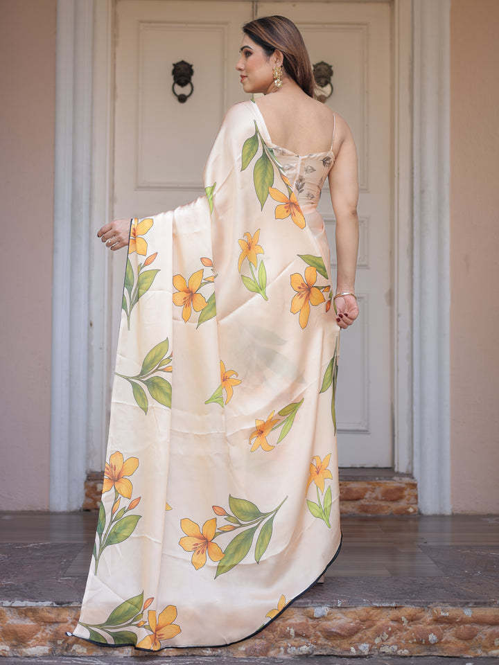 Champagne Peach Satin Georgette Floral Printed Saree with Matching Printed Blouse & Statement Botanical Pallu | Elegant Soft Party Wear Saree