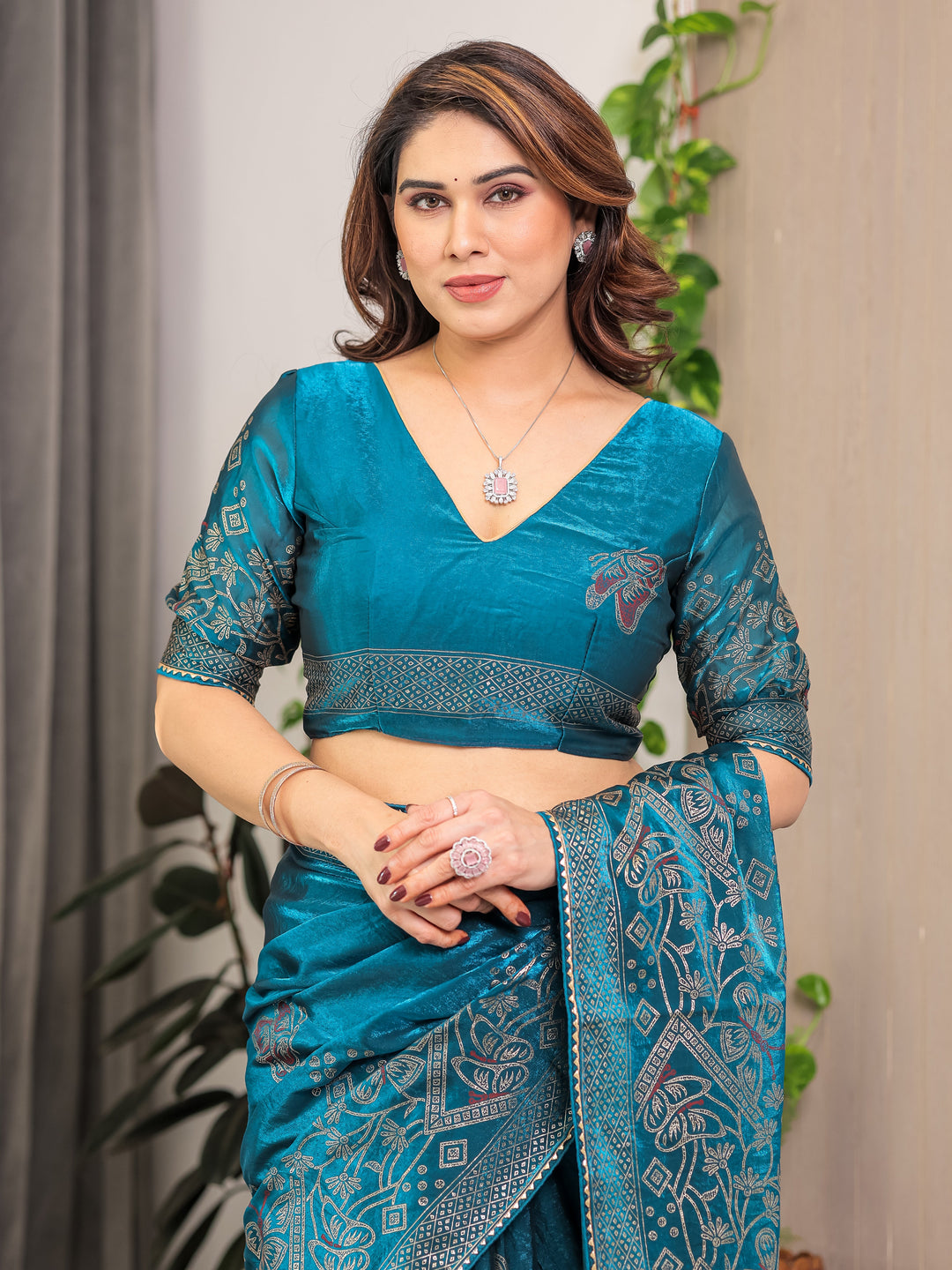 Teal Blue Fendi Satin Block & Foil Print Saree with Attached Blouse & Tassel Detailing