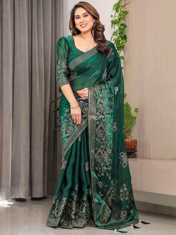 Emerald Green Fendi Satin Block & Foil Print Saree with Attached Blouse & Tassel Detailing