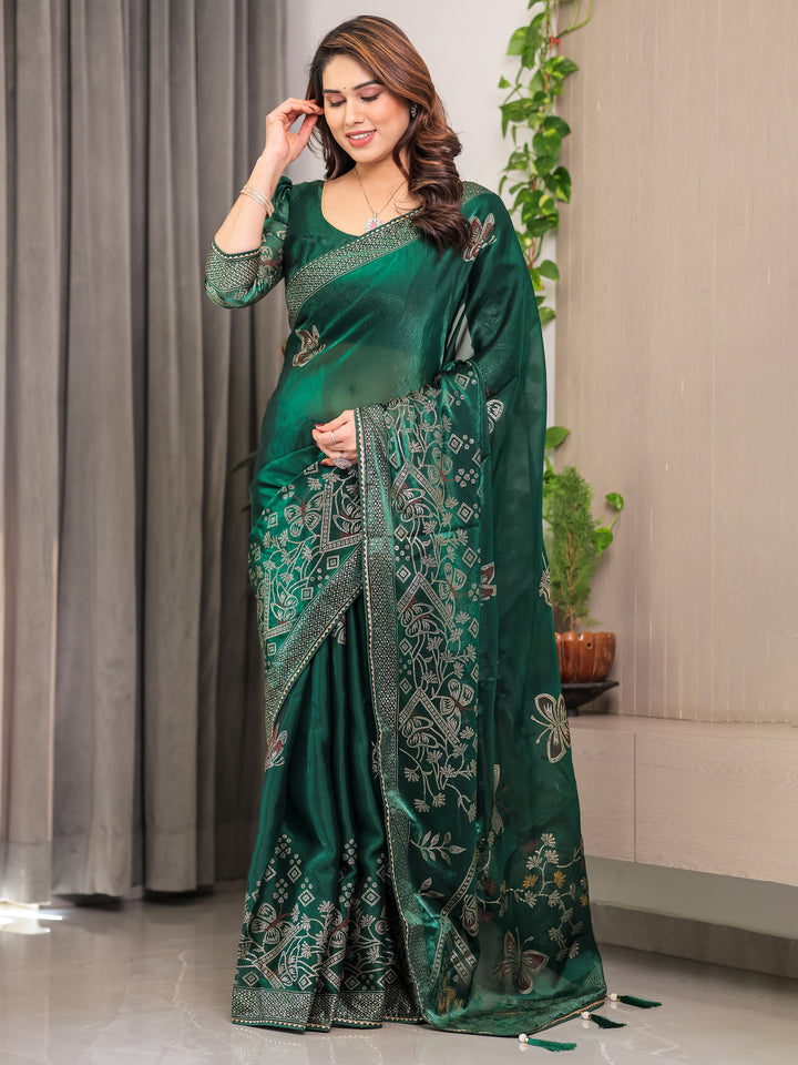 Emerald Green Fendi Satin Block & Foil Print Saree with Attached Blouse & Tassel Detailing