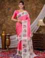Vantara Pink Satin Chiffon Printed Saree with Royal Elephant & Peacock Heritage Print, Designer Tassel Pallu & Matching Blouse Piece