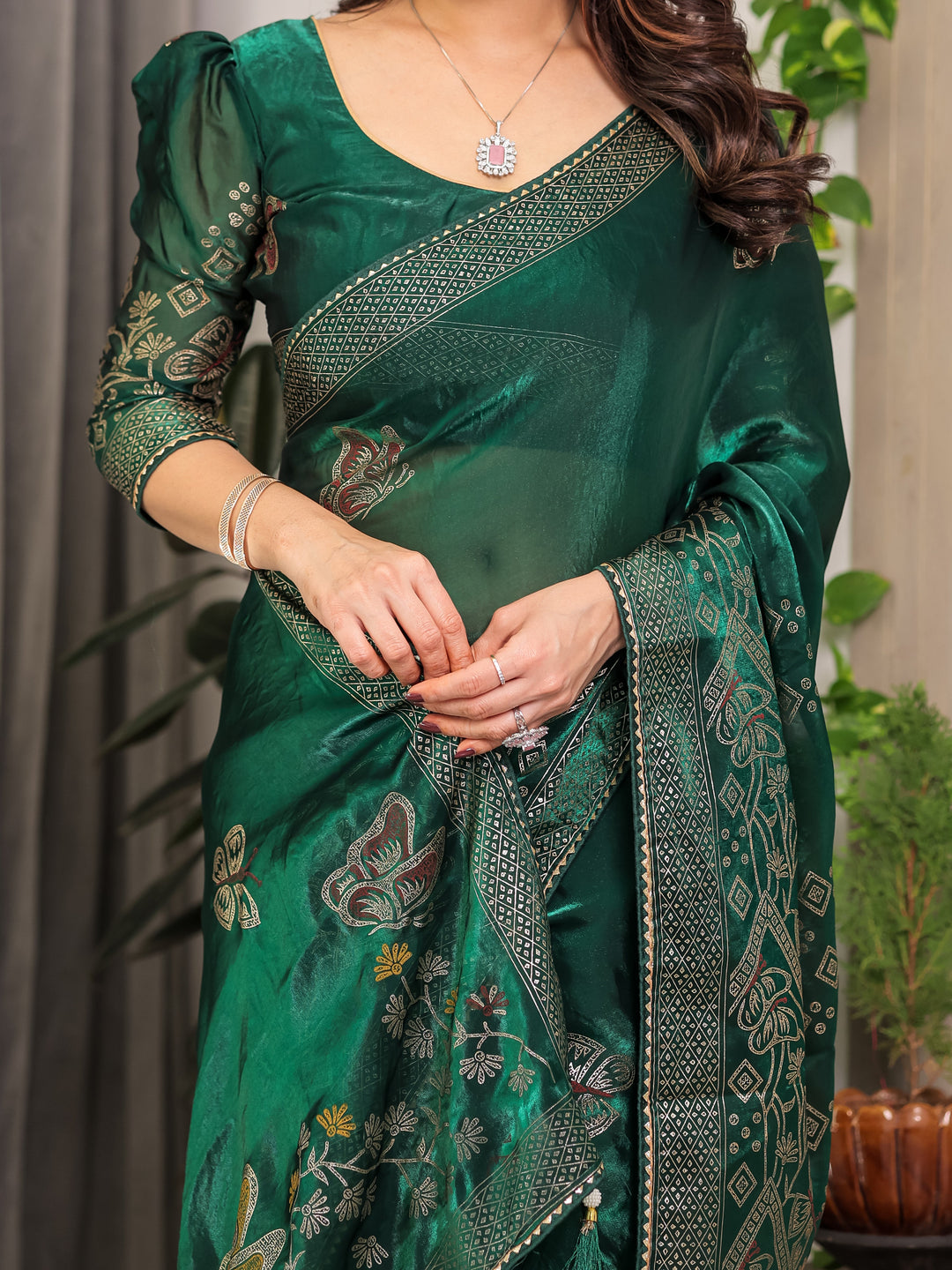 Emerald Green Fendi Satin Block & Foil Print Saree with Attached Blouse & Tassel Detailing