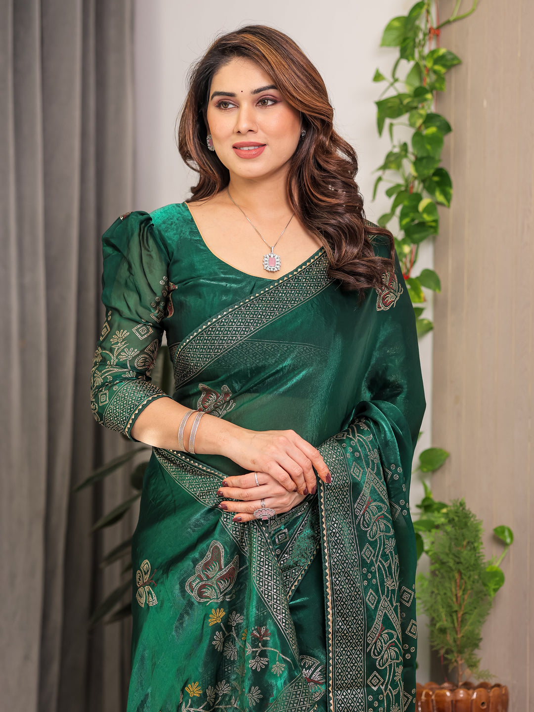 Emerald Green Fendi Satin Block & Foil Print Saree with Attached Blouse & Tassel Detailing