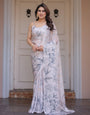 Ivory White Satin Georgette Botanical Printed Saree with Soft Grey Blouse & Artistic Floral Pallu | Elegant Minimal Party Wear Saree