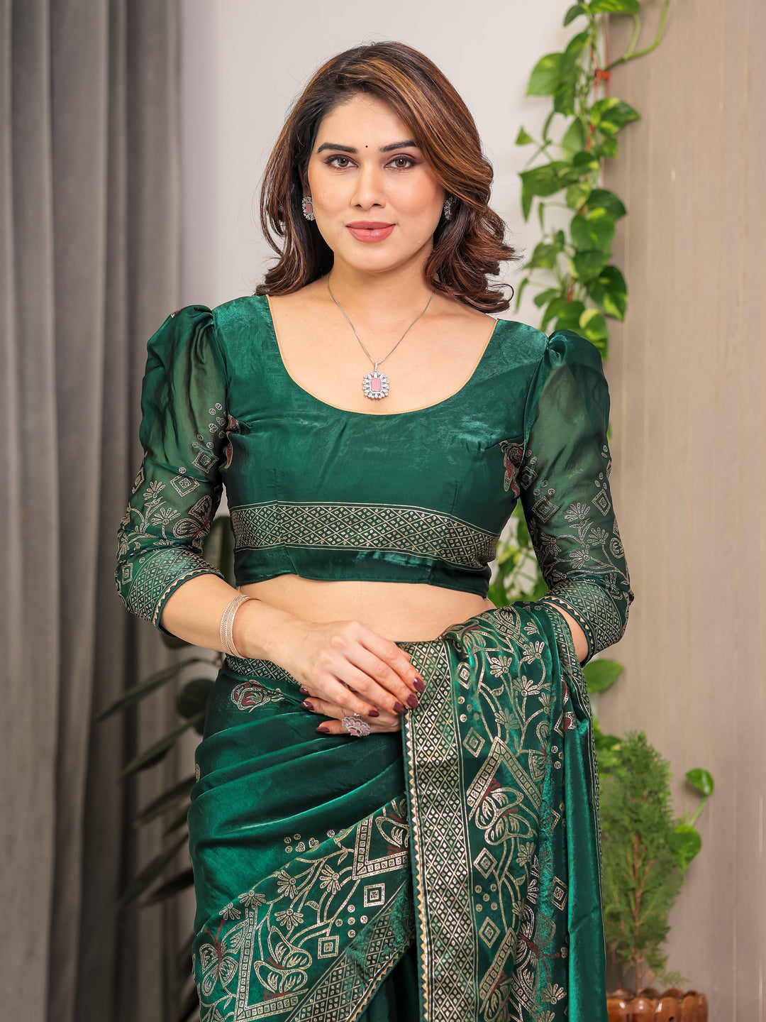 Emerald Green Fendi Satin Block & Foil Print Saree with Attached Blouse & Tassel Detailing