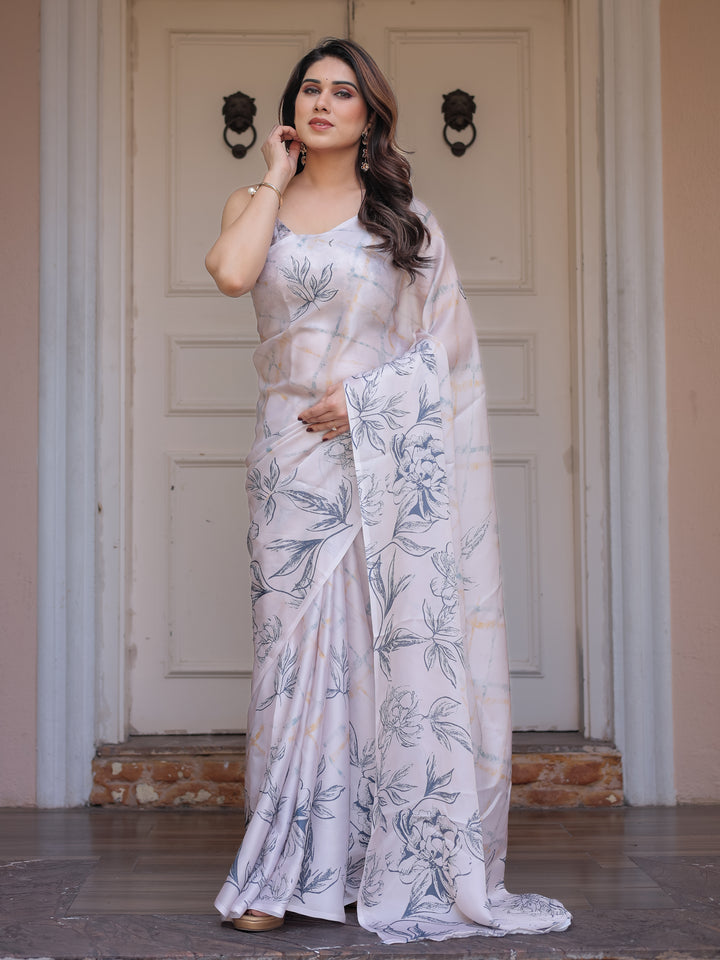Ivory White Satin Georgette Botanical Printed Saree with Soft Grey Blouse & Artistic Floral Pallu | Elegant Minimal Party Wear Saree